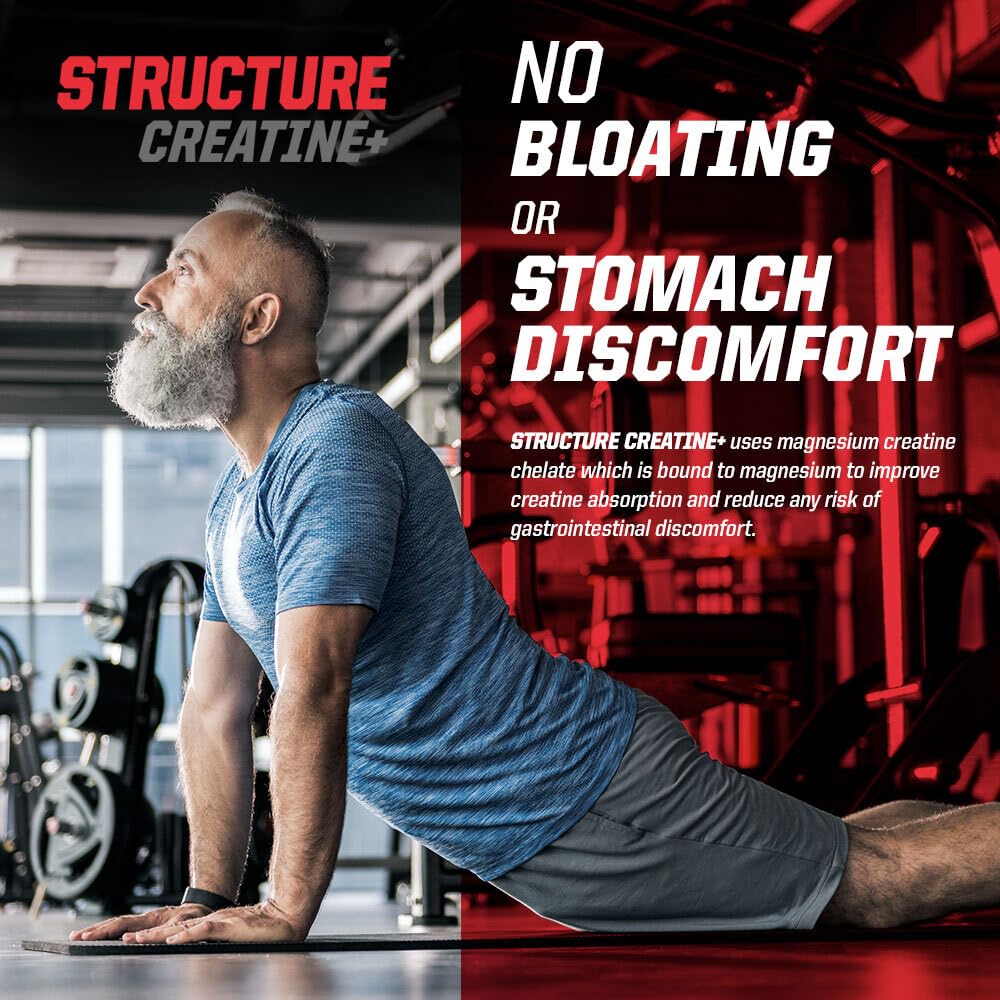 Structure Creatine+ Undefined Nutrition 30 servings Tropical Citrus flavor on a gym bench