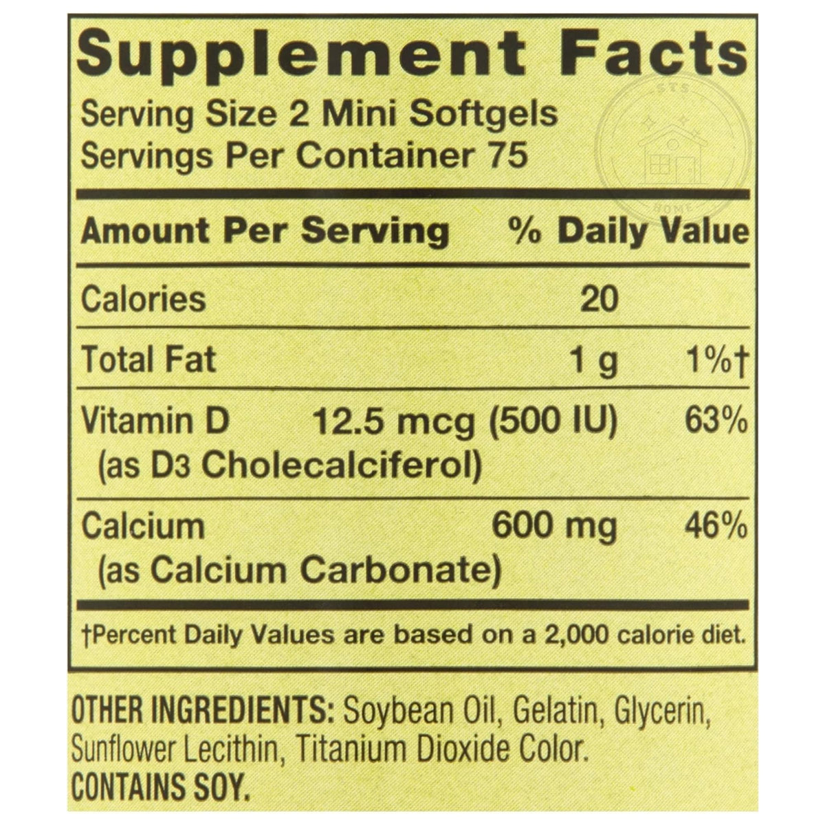 STS Home Calcium Plus Vitamine D3 150 Mini Softgels, étiquette détaillant les ingrédients