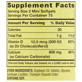 STS Home Calcium Plus Vitamine D3 150 Mini Softgels, étiquette détaillant les ingrédients