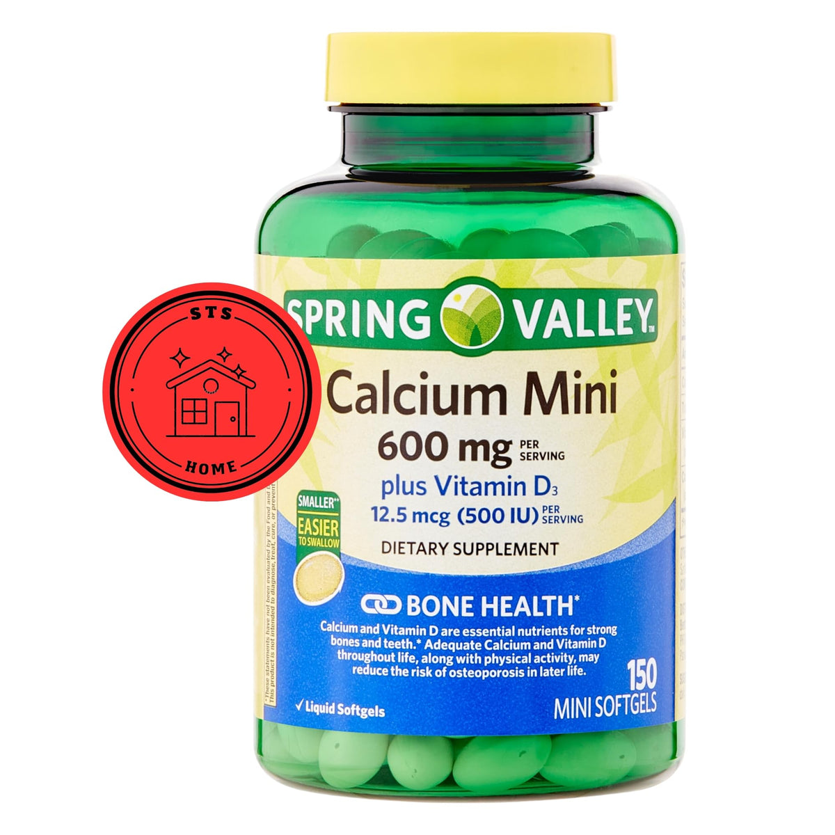 STS Home Calcium Plus Vitamine D3 150 Mini Softgels, un softgel en gros plan