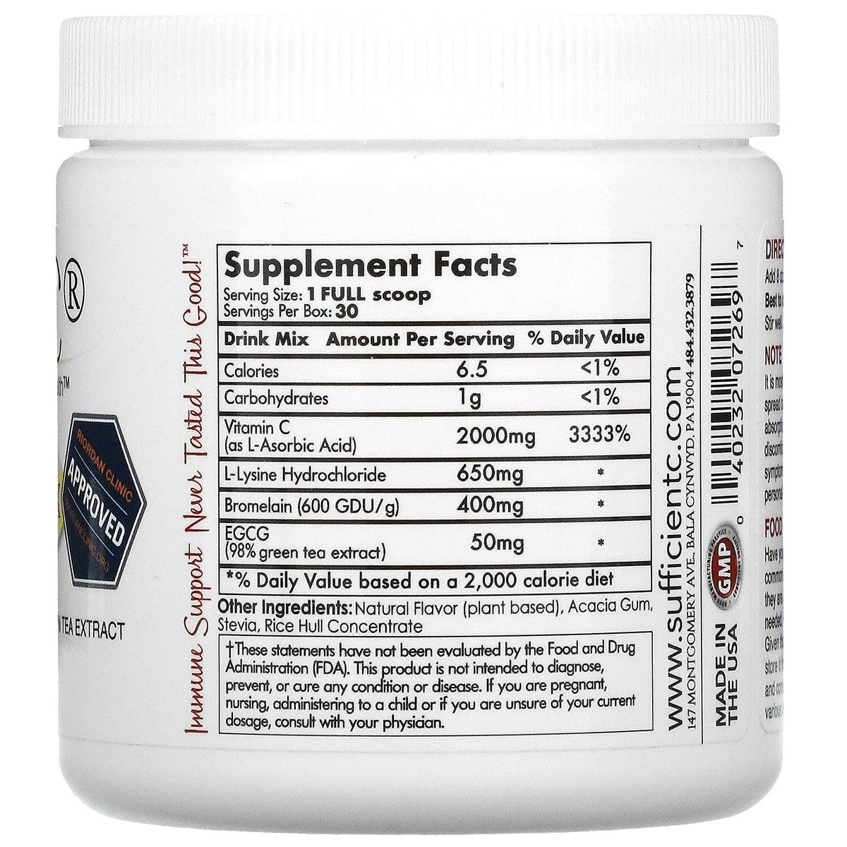Sufficient-C Mélange de Boisson Vitamine C Citron Pêche 125g contenu