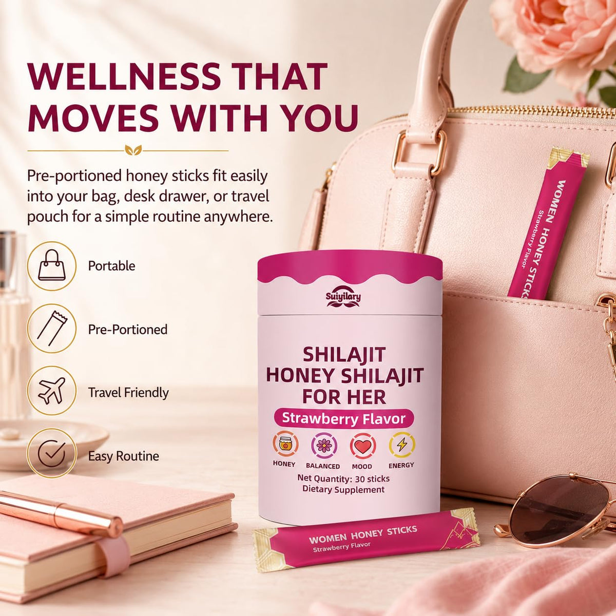 Suiyilary bâtonnets de Shilajit au miel fraise avec ingrédients