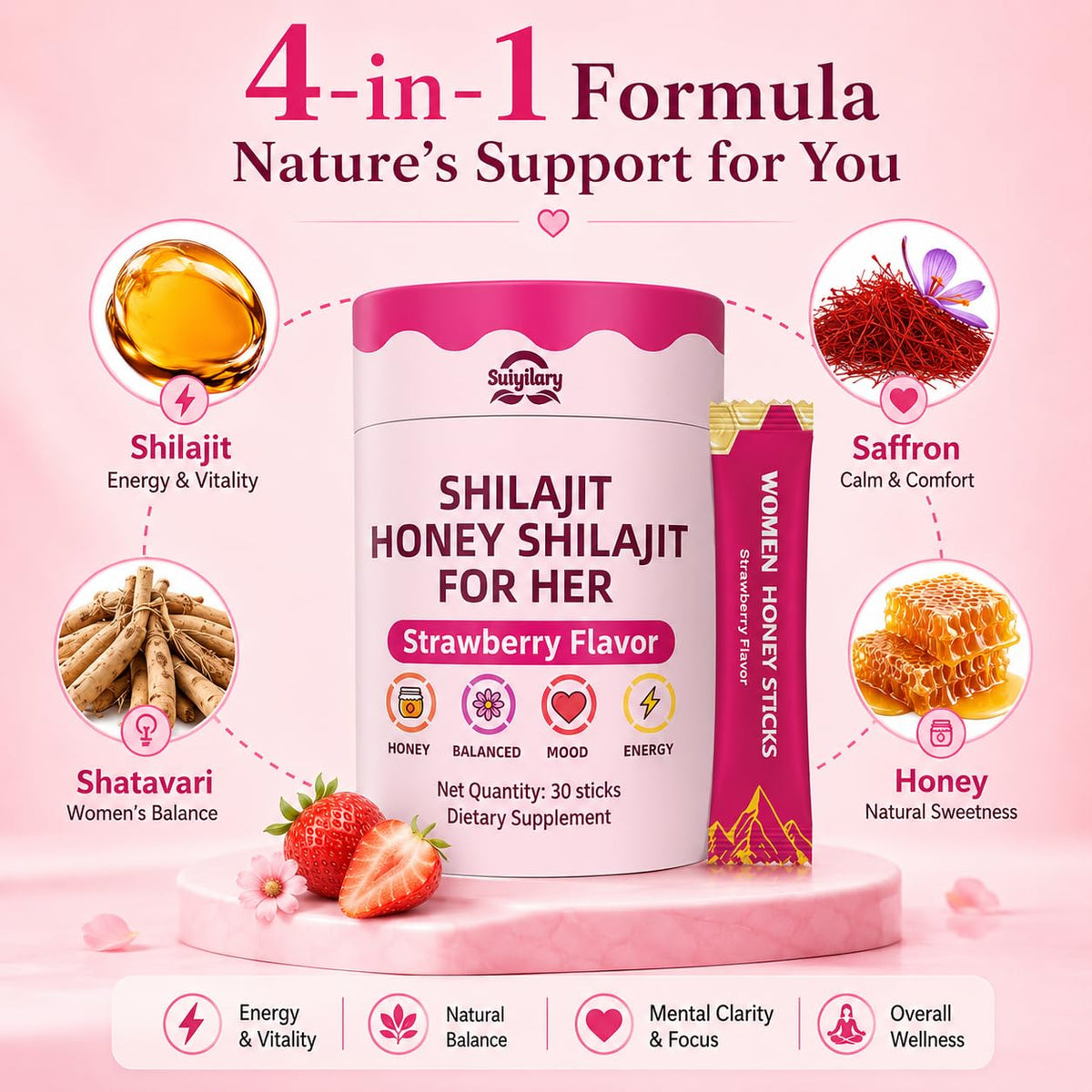 Suiyilary bâtonnets de Shilajit au miel fraise stick individuel