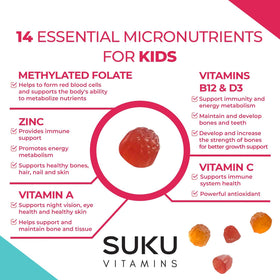 SUKU gummies multivitamines enfants, présentation avec fruits