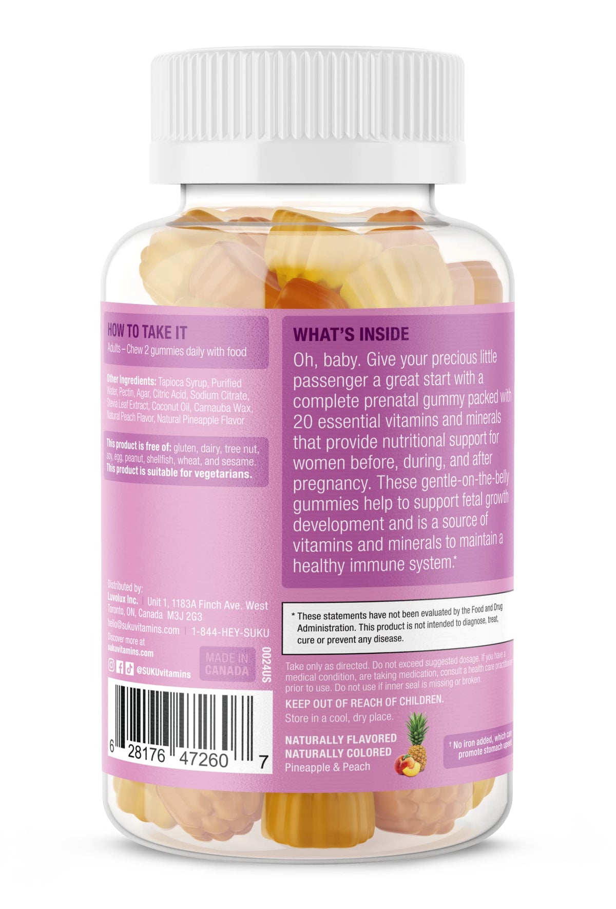 SUKU gummies prénatales ananas-pêche en gros plan