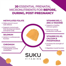 SUKU gummies prénatales avec fruits frais en arrière-plan
