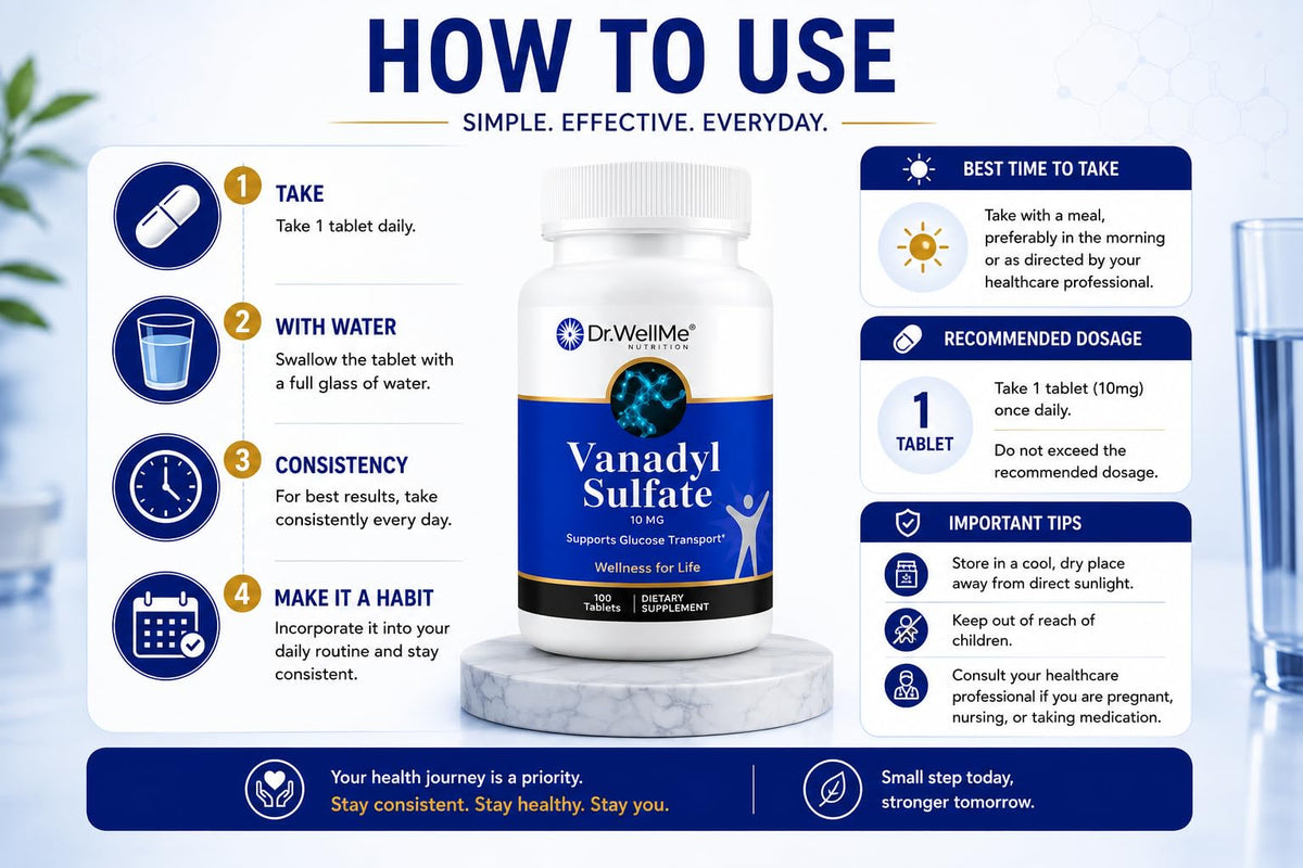 Sulfate de vanadium 10mg de DR WELLME NUTRITION sur un fond naturel