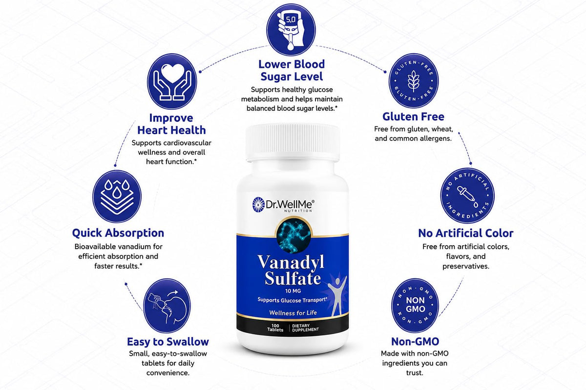 Sulfate de vanadium 10mg de DR WELLME NUTRITION sur une table