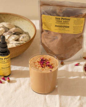 Sun Potion Mélange de Cacao Adaptogène 222g - ingrédients sur la table