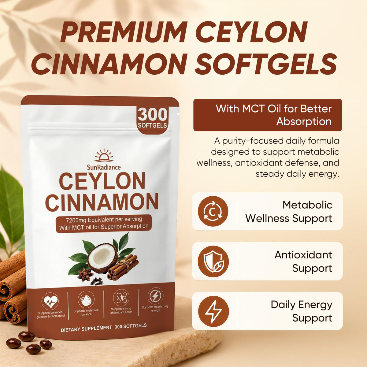 Sun Radiance Cannelle de Ceylan 600mg gélules sur une table