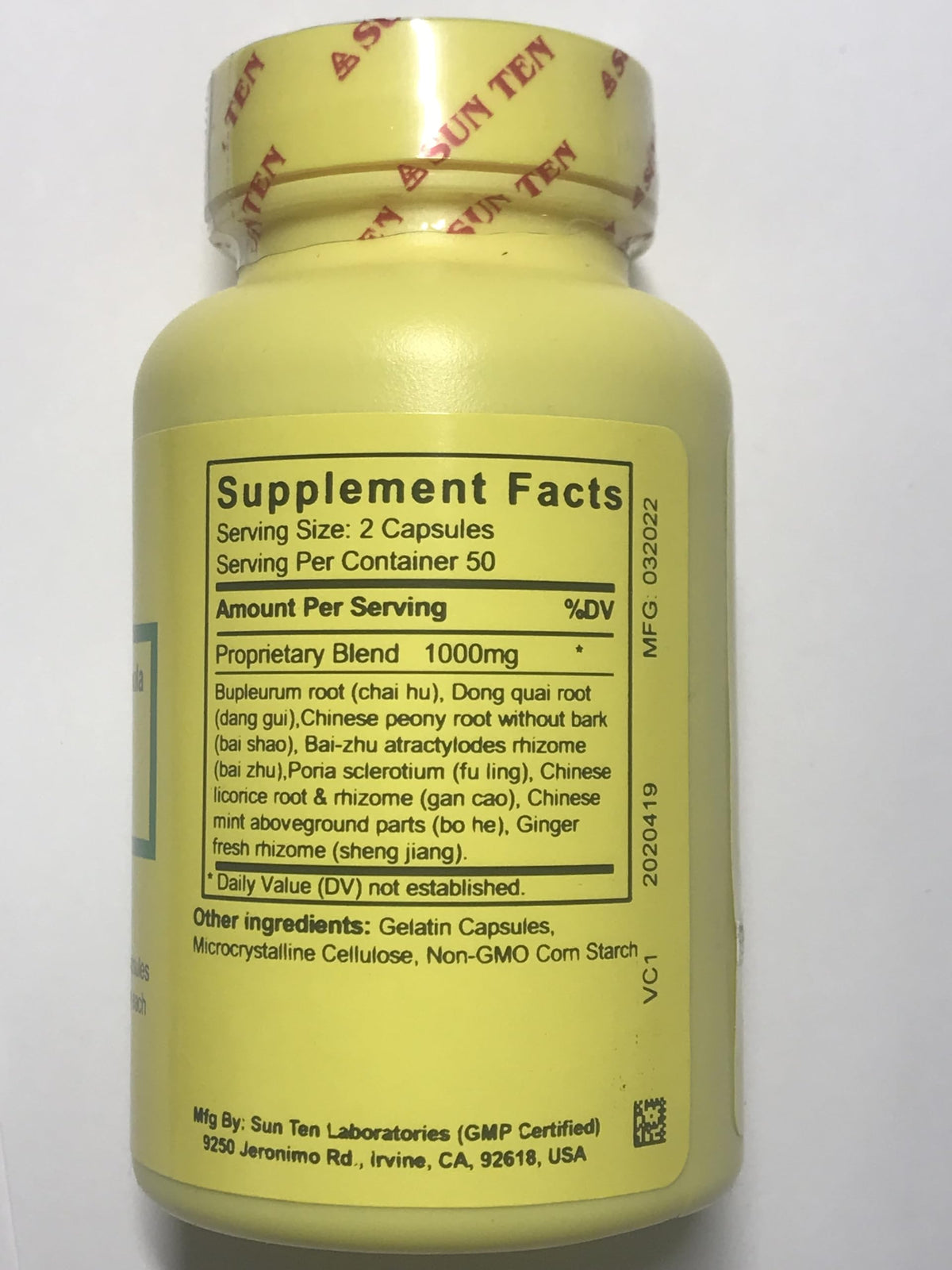 Sun Ten Tang-Kuei et Bupleurum capsules, dos de l'emballage