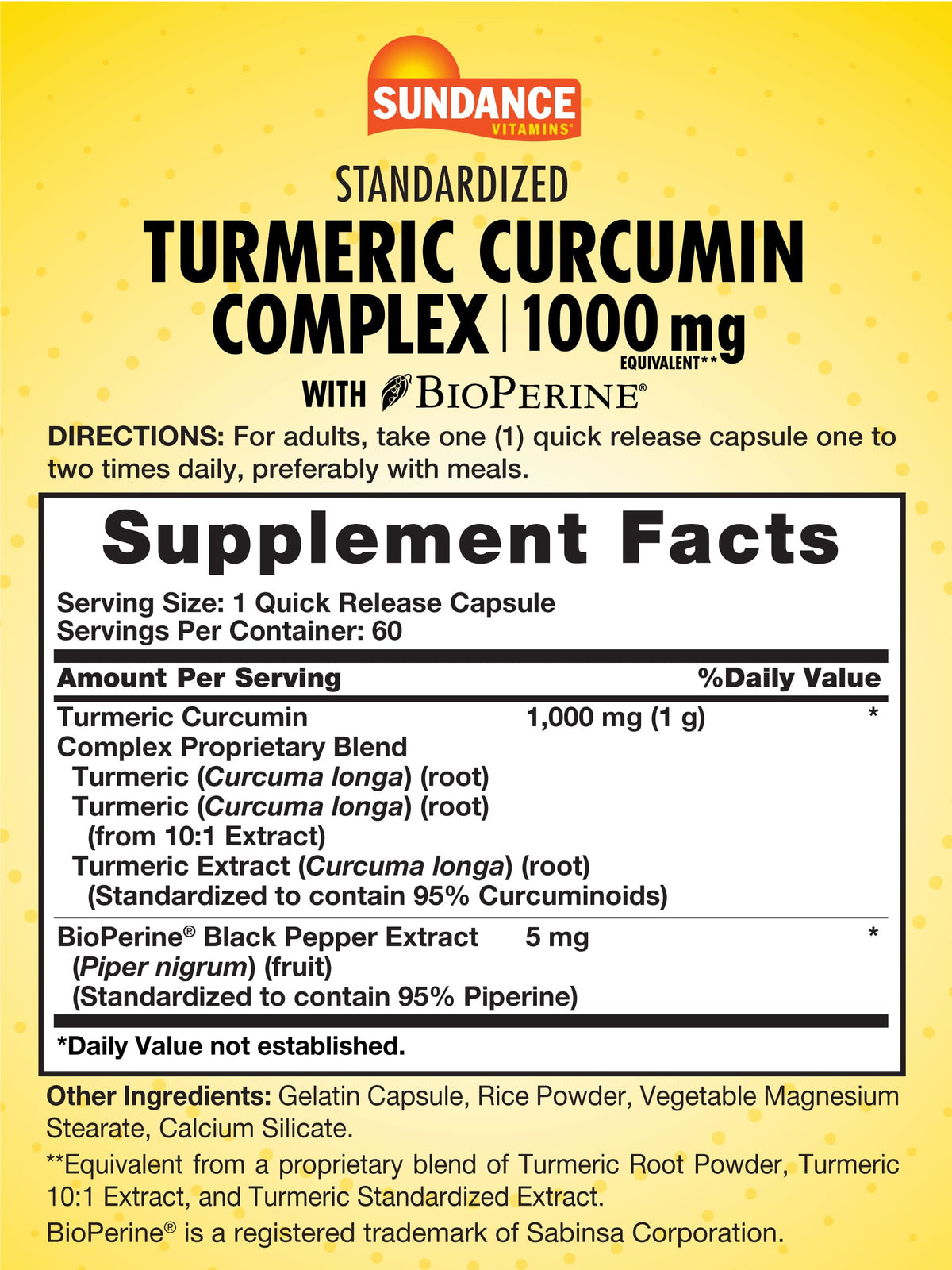 Sundance Complexe de Curcuma 60 Capsules avec étiquette claire