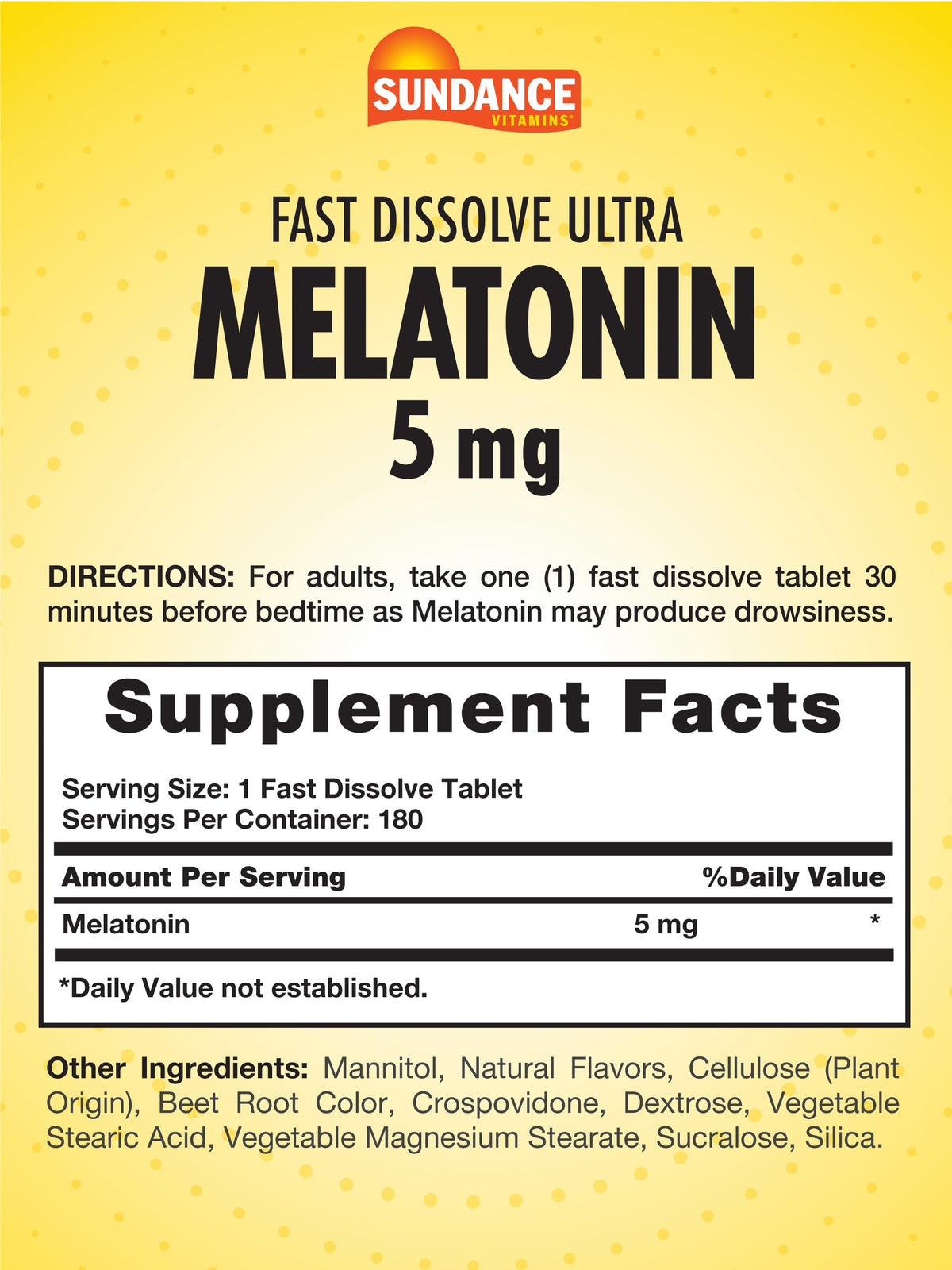 Sundance comprimés de mélatonine 5 mg en gros plan sur une table