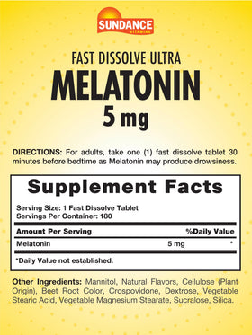 Sundance comprimés de mélatonine 5 mg en gros plan sur une table