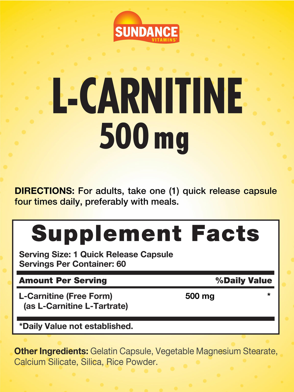 Sundance L-Carnitine 500mg Capsules - vue arrière de l'emballage