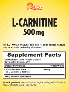 Sundance L-Carnitine 500mg Capsules - vue arrière de l'emballage
