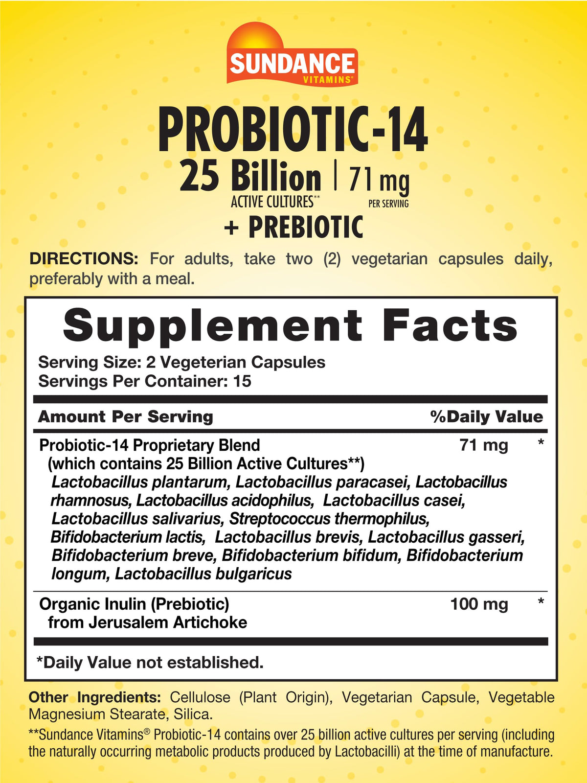 Sundance Probiotic-14 capsules avec étiquette détaillée