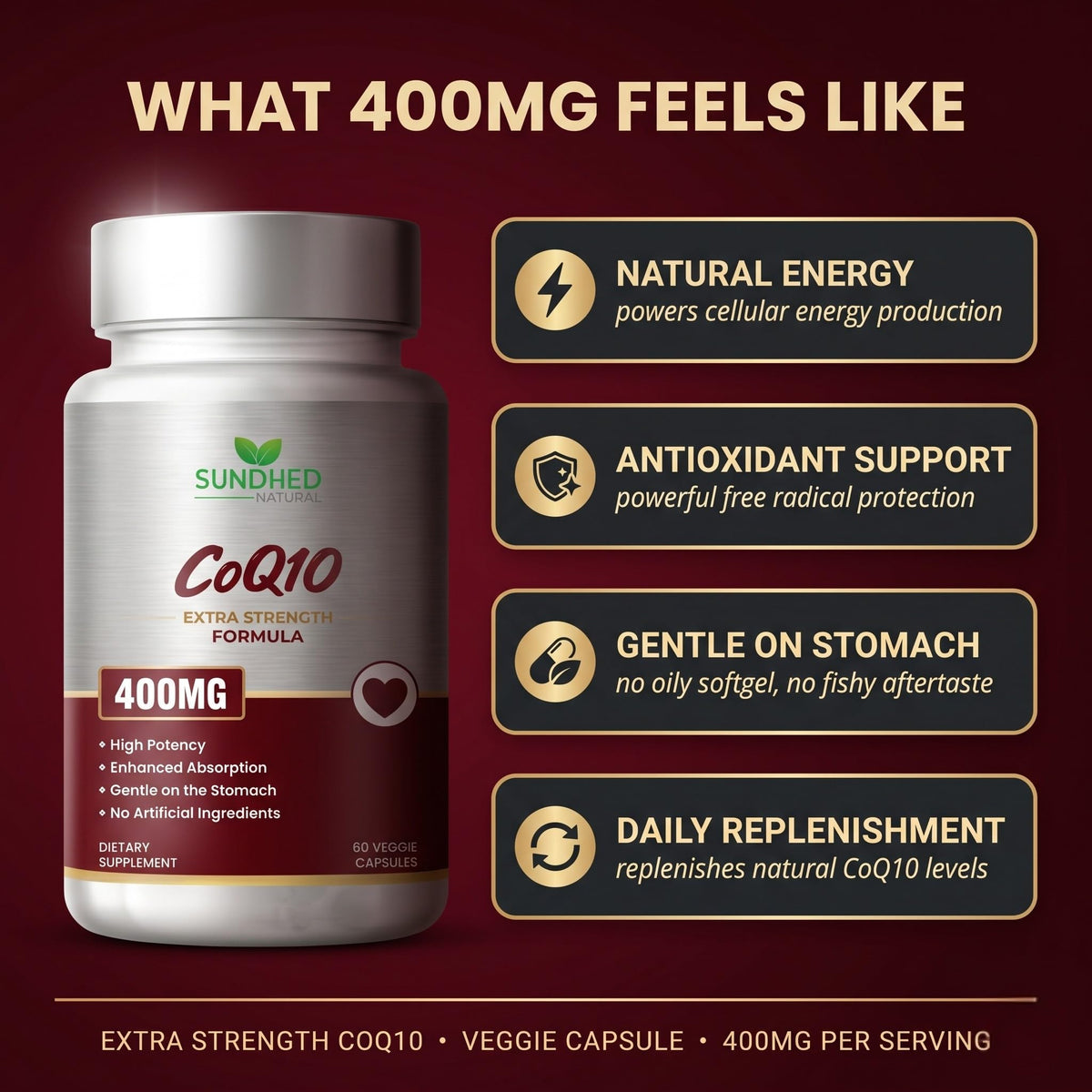 Sundhed Natural CoQ10 400mg capsules au milieu de légumes frais