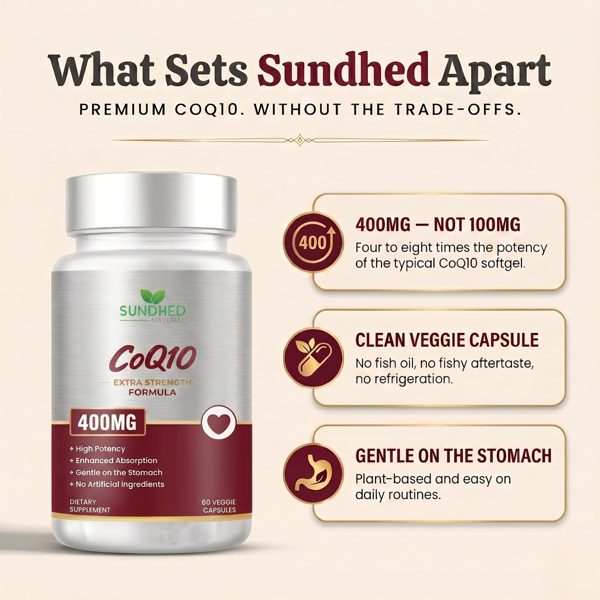 Sundhed Natural CoQ10 400mg étiquette de produit avec ingrédients