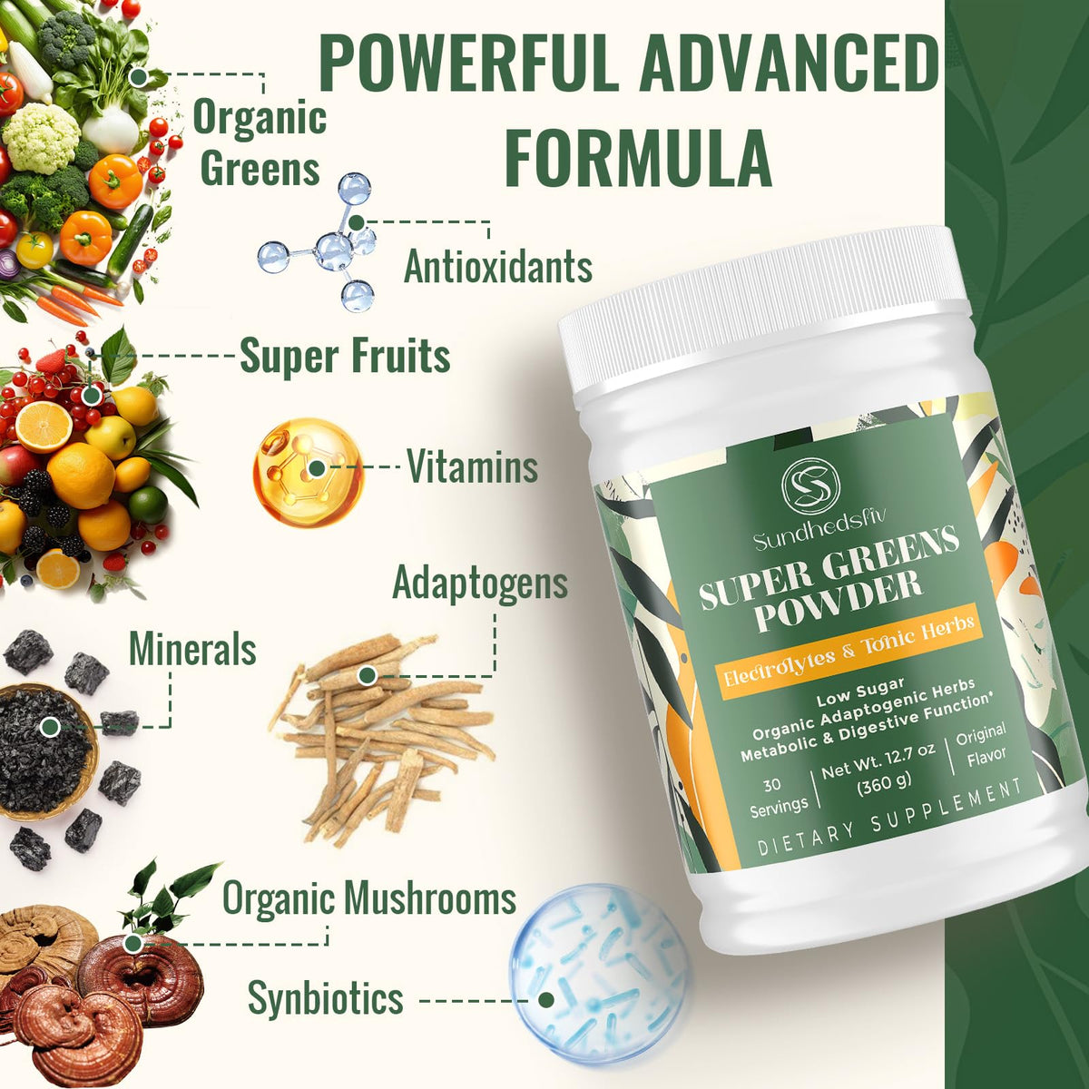 Sundhedsliv Poudre Super Greens sur une table avec des ingrédients