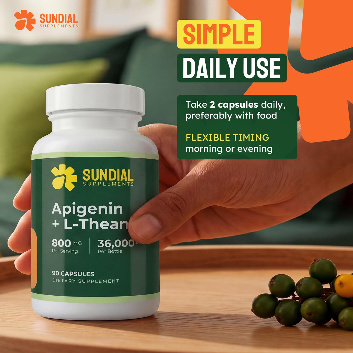 SUNDIAL SUPPLEMENTS Apigenin L-Theanine, capsules dans une main