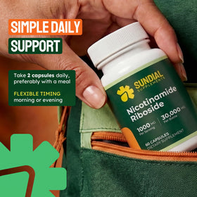 SUNDIAL SUPPLEMENTS Nicotinamide Riboside sur un fond blanc