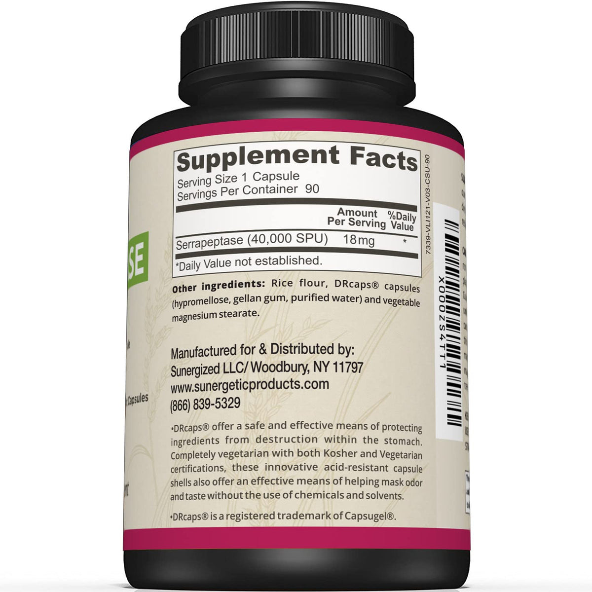 Sunergetic complément alimentaire Serrapeptase 40 000 SPU 90 capsules arrière