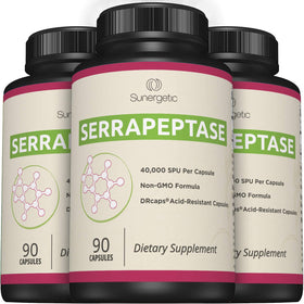 Sunergetic complément alimentaire Serrapeptase 40 000 SPU capsules sur une table