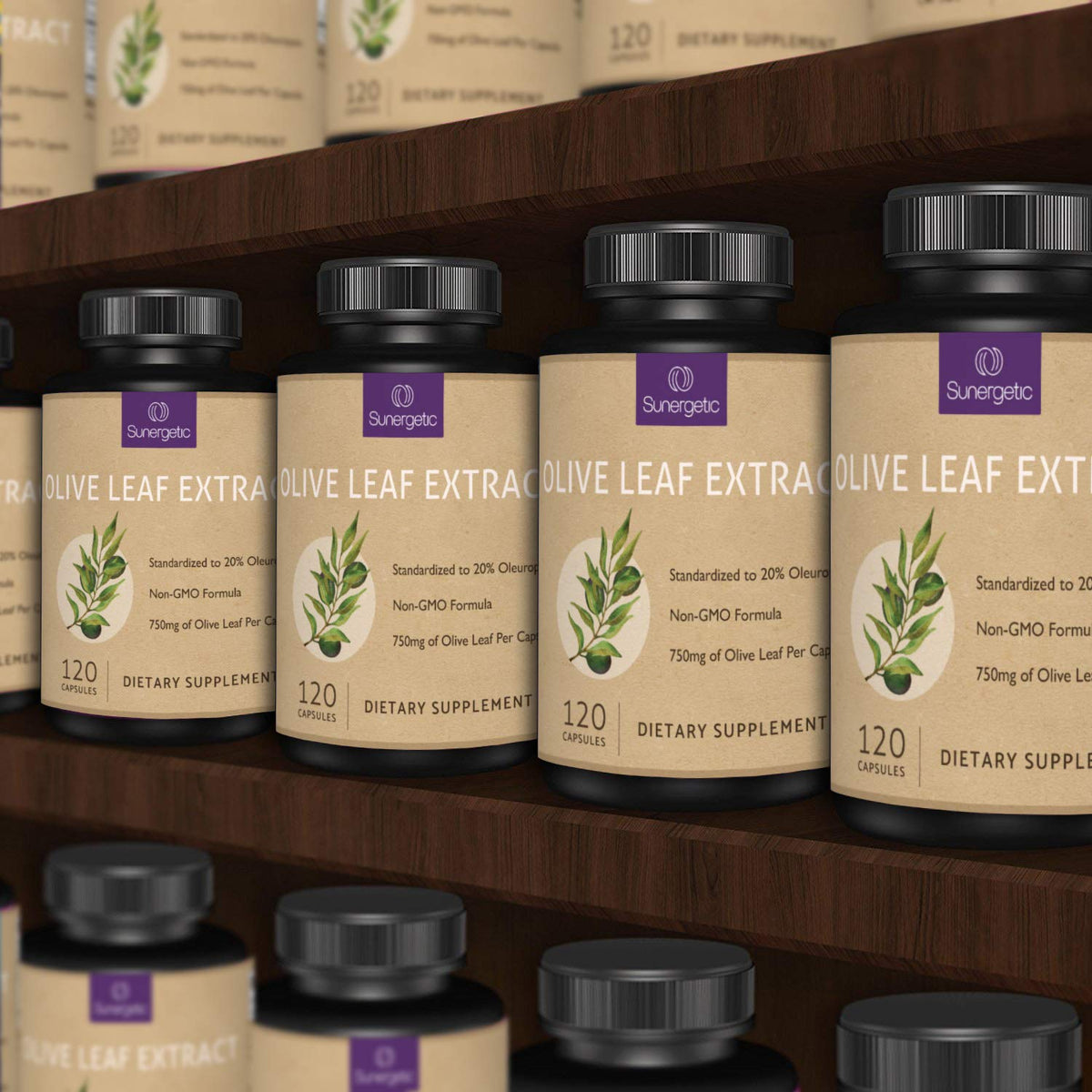 Sunergetic Extrait de Feuille d'Olivier 750mg Capsules - Capsules sur une table