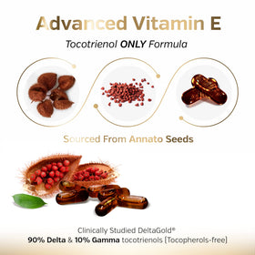 Sunergetic Vitamine E 300 mg DeltaGold capsules on a table