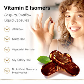 Sunergetic Vitamine E 300 mg DeltaGold capsules with a glass of water