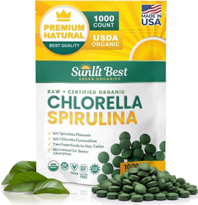 Sunlit Best Green Organics Chlorella Spirulina 1000 tablettes 250mg vue de face