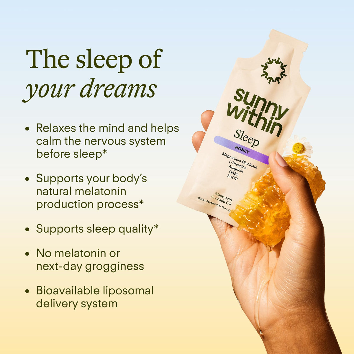 Sunny Within Complément Alimentaire Sommeil sachet ouvert avec contenu