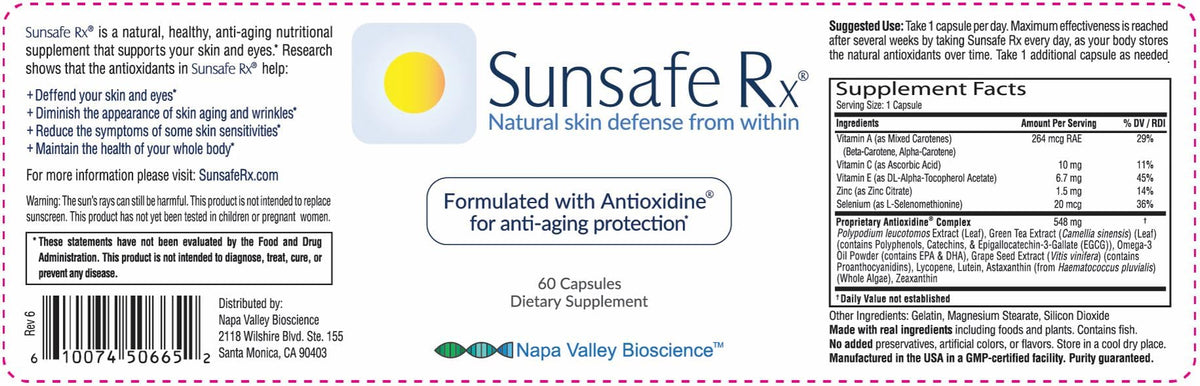 Sunsafe Rx Complément Alimentaire Anti-Âge 60 Capsules avec des fruits frais