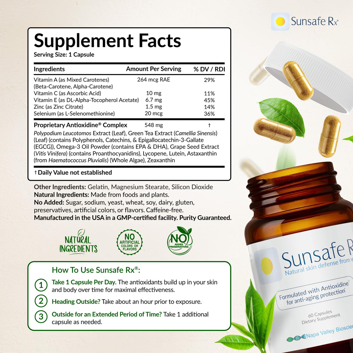 Sunsafe Rx Complément Alimentaire Anti-Âge 60 Capsules avec un verre d'eau