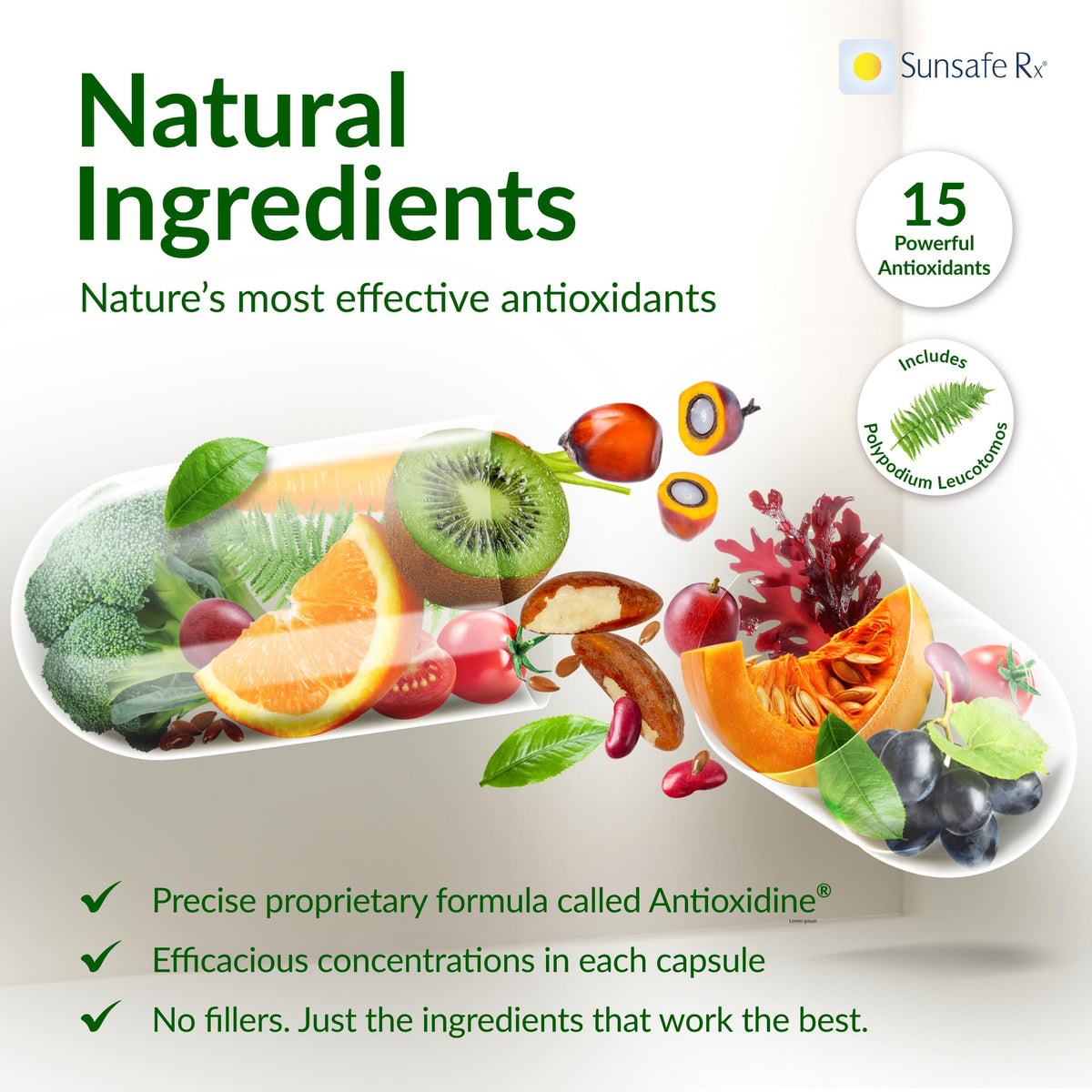 Sunsafe Rx Complément Alimentaire Anti-Âge 60 Capsules ouvertes montrant les capsules