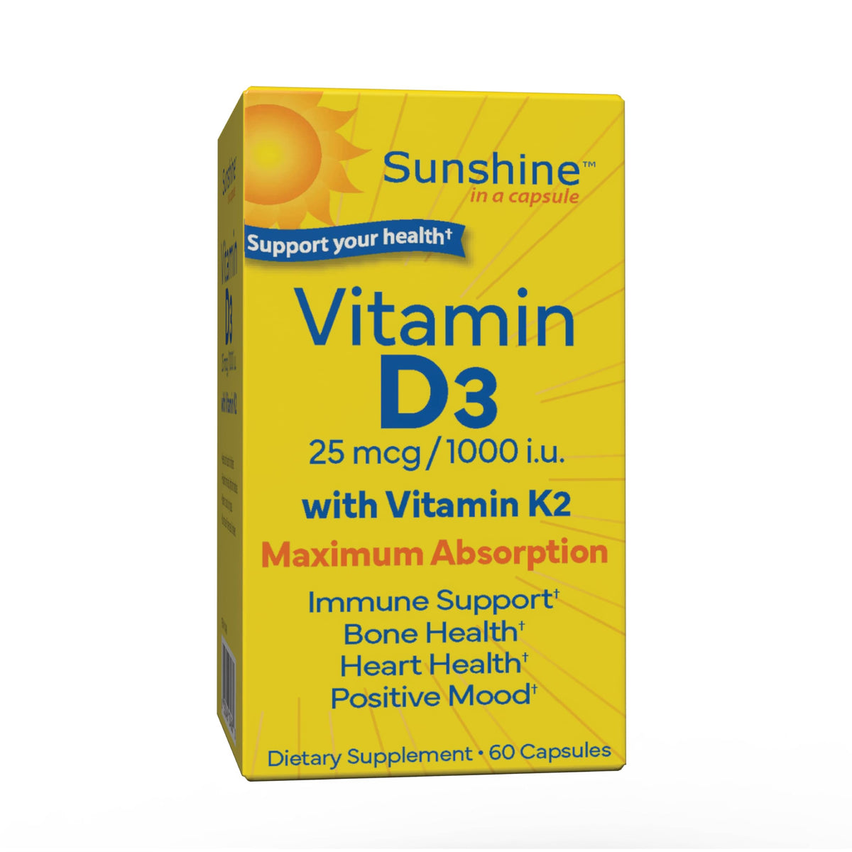 Sunshine Complément Alimentaire D3 25mcg K2 bouteille vue de face