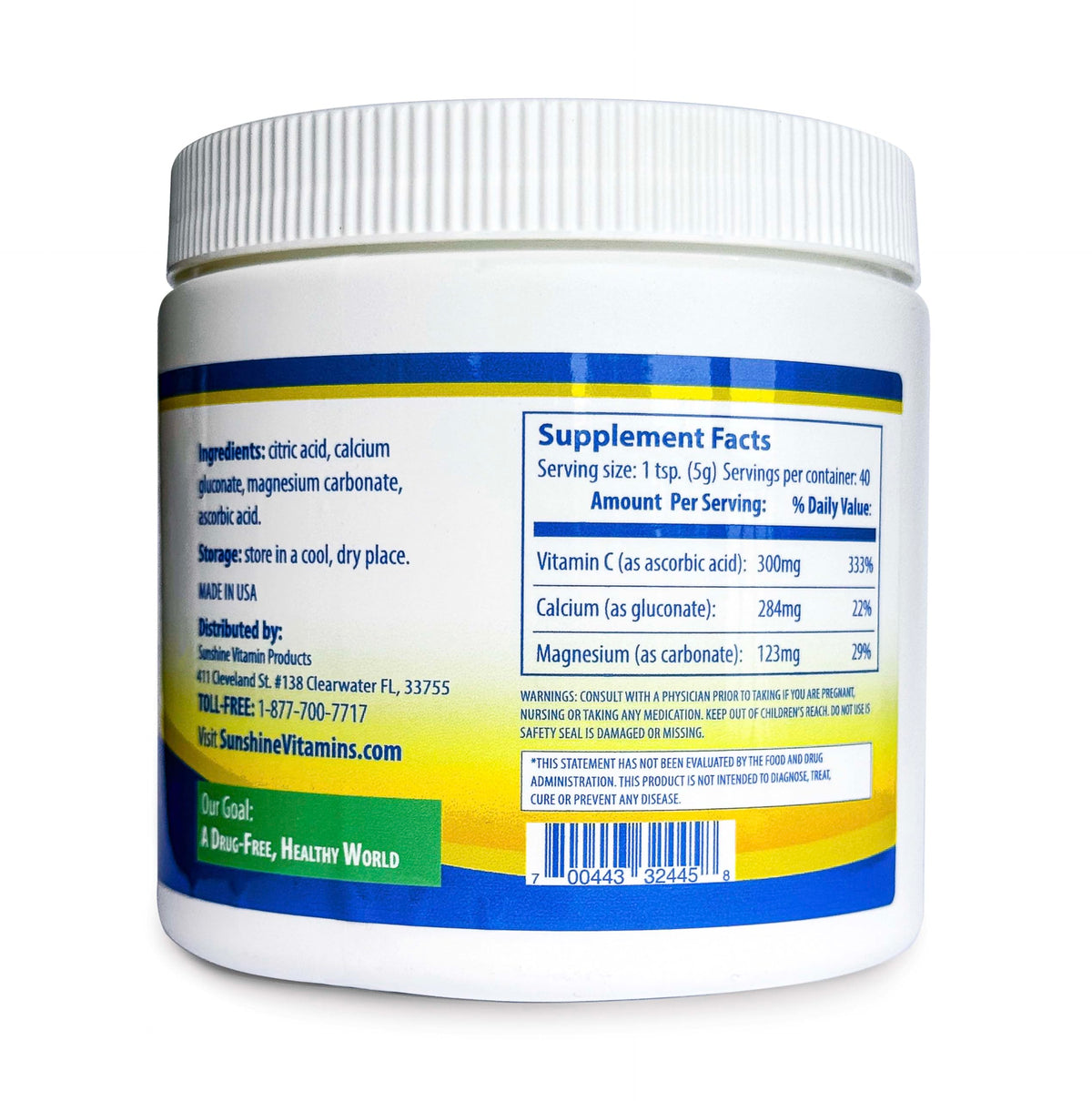 Sunshine Vitamins Instant CalMag-C 249g dos de l'emballage