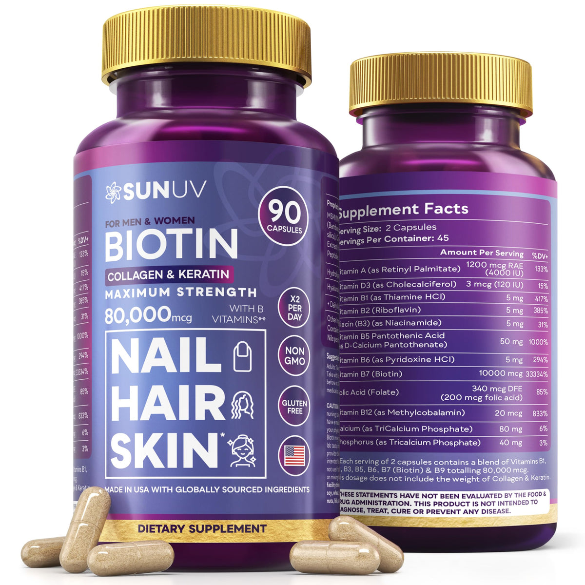 SUNUV Biotin 10 000 mcg boîte de 90 capsules vue avant