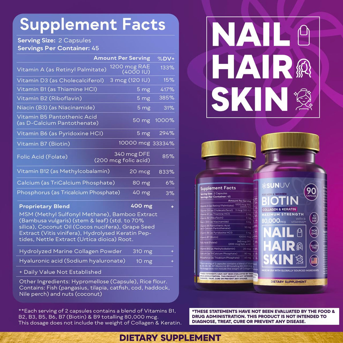SUNUV Biotin 10 000 mcg capsules avec verre d'eau