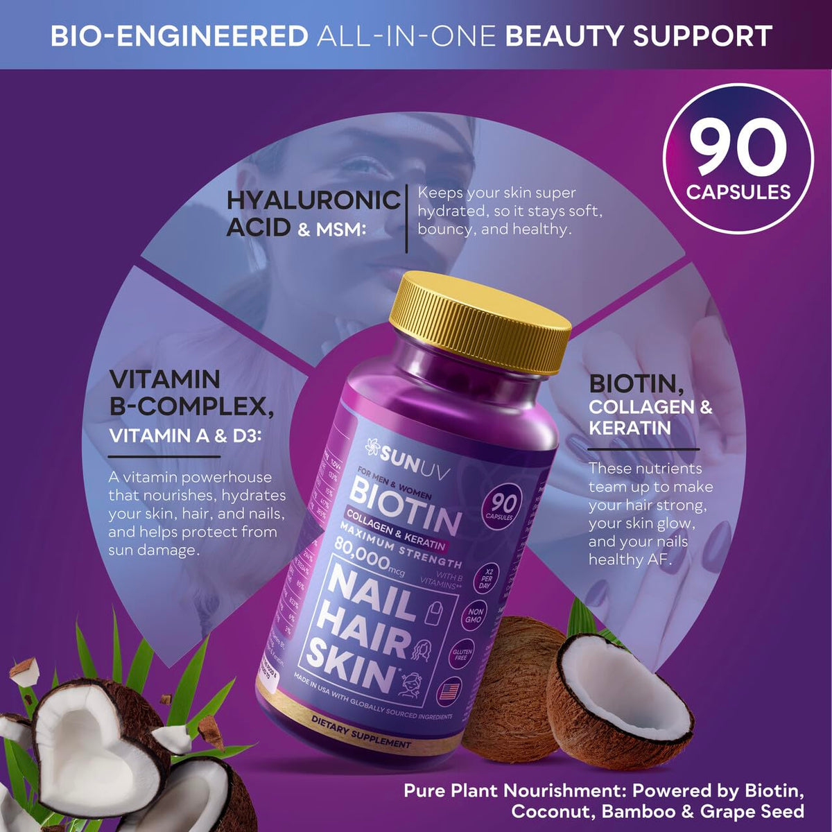 SUNUV Biotin 10 000 mcg capsules sur une table en bois
