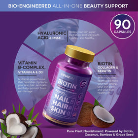 SUNUV Biotin 10 000 mcg capsules sur une table en bois