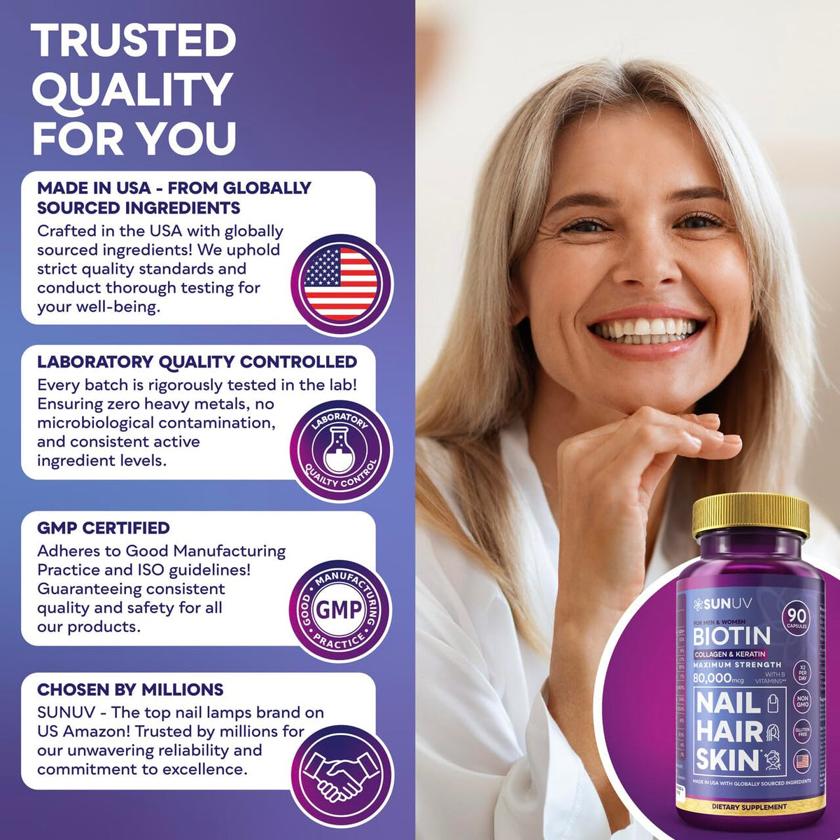 SUNUV Biotin 10 000 mcg vue latérale de la boîte