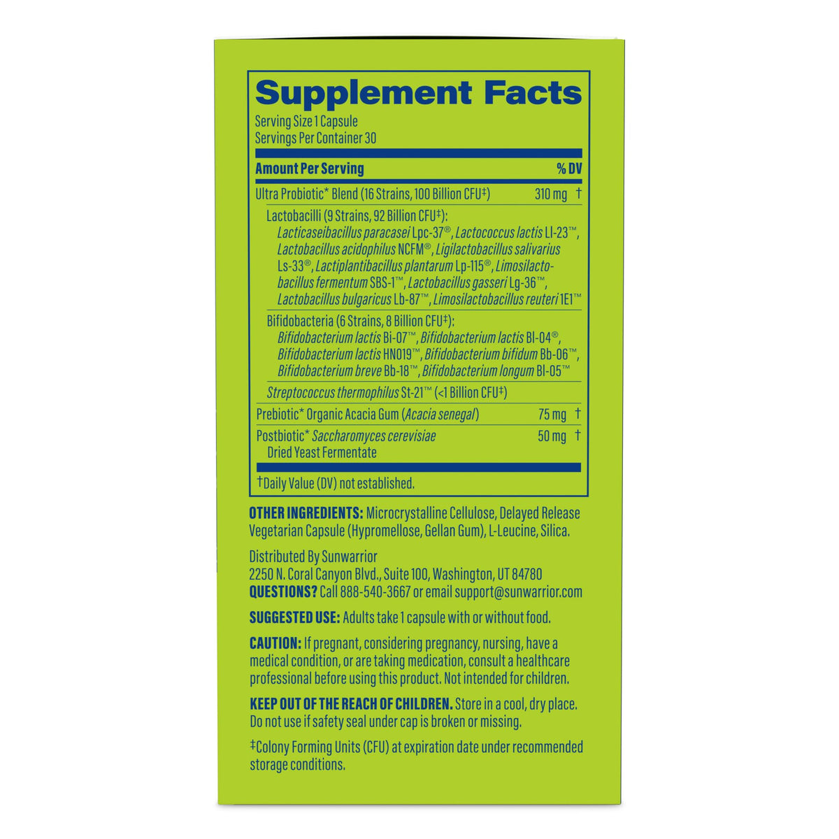 Sunwarrior Complément Alimentaire Probiotique 100 Milliards CFU 30 Capsules vue arrière