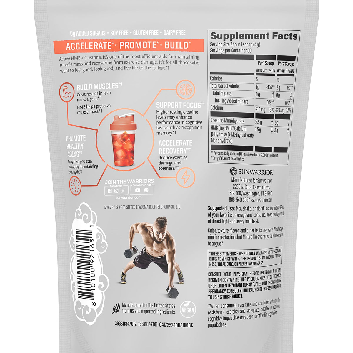 Sunwarrior créatine HMB monohydrate poudre non aromatisée 240g vue arrière