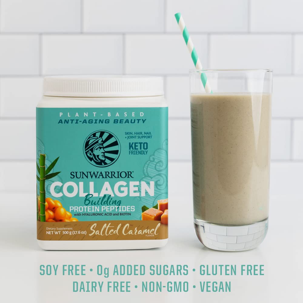 Sunwarrior Poudre de Collagène Végane 608g Caramel Salé en utilisation dans un smoothie