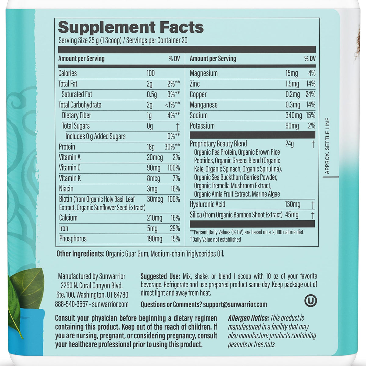 Sunwarrior Poudre de Collagène Végétal 650g avec cuillère