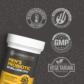 Sunwarrior Probiotiques 50 Milliards CFU capsules ouvertes sur une table