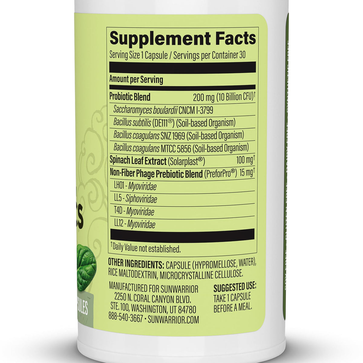 Sunwarrior Probiotiques Capsules Végétales 30 CT emballage