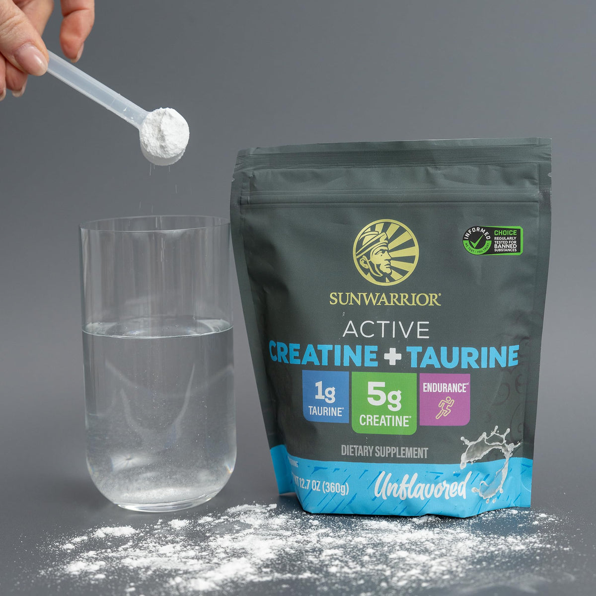 Sunwarrior Taurine et Créatine Monohydrate 60 Portions, affichant le logo de la marque